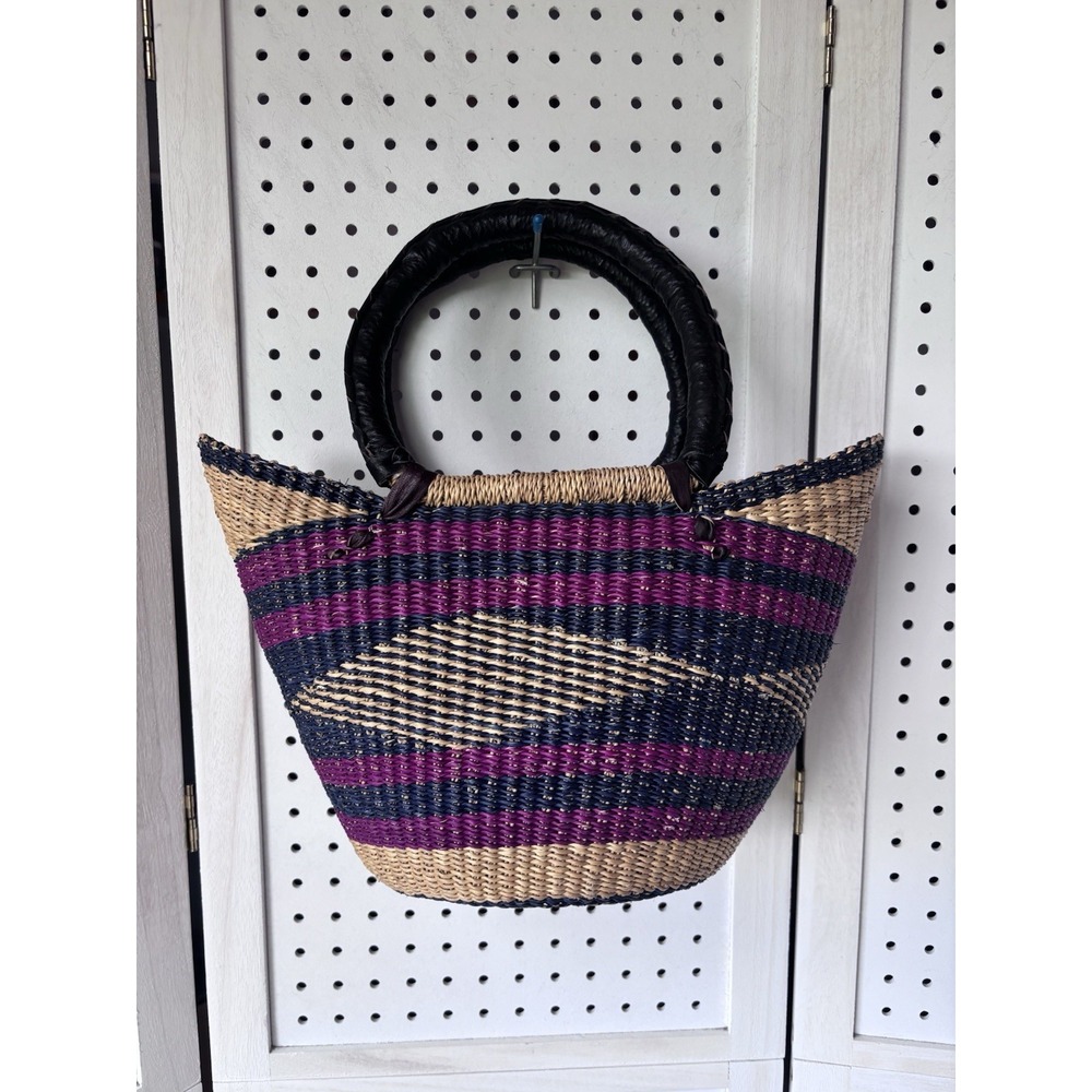 African Bolga MARKET BASKET Woven Straw Tote W/ Leather Handles U Shape